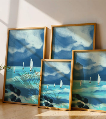 Seascape with sailboats navigating blue waves under a dramatic sky