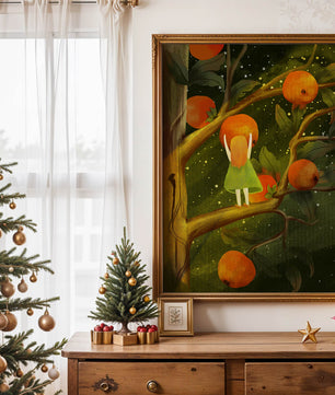 Little Girl Picking Oranges on a Starry Night