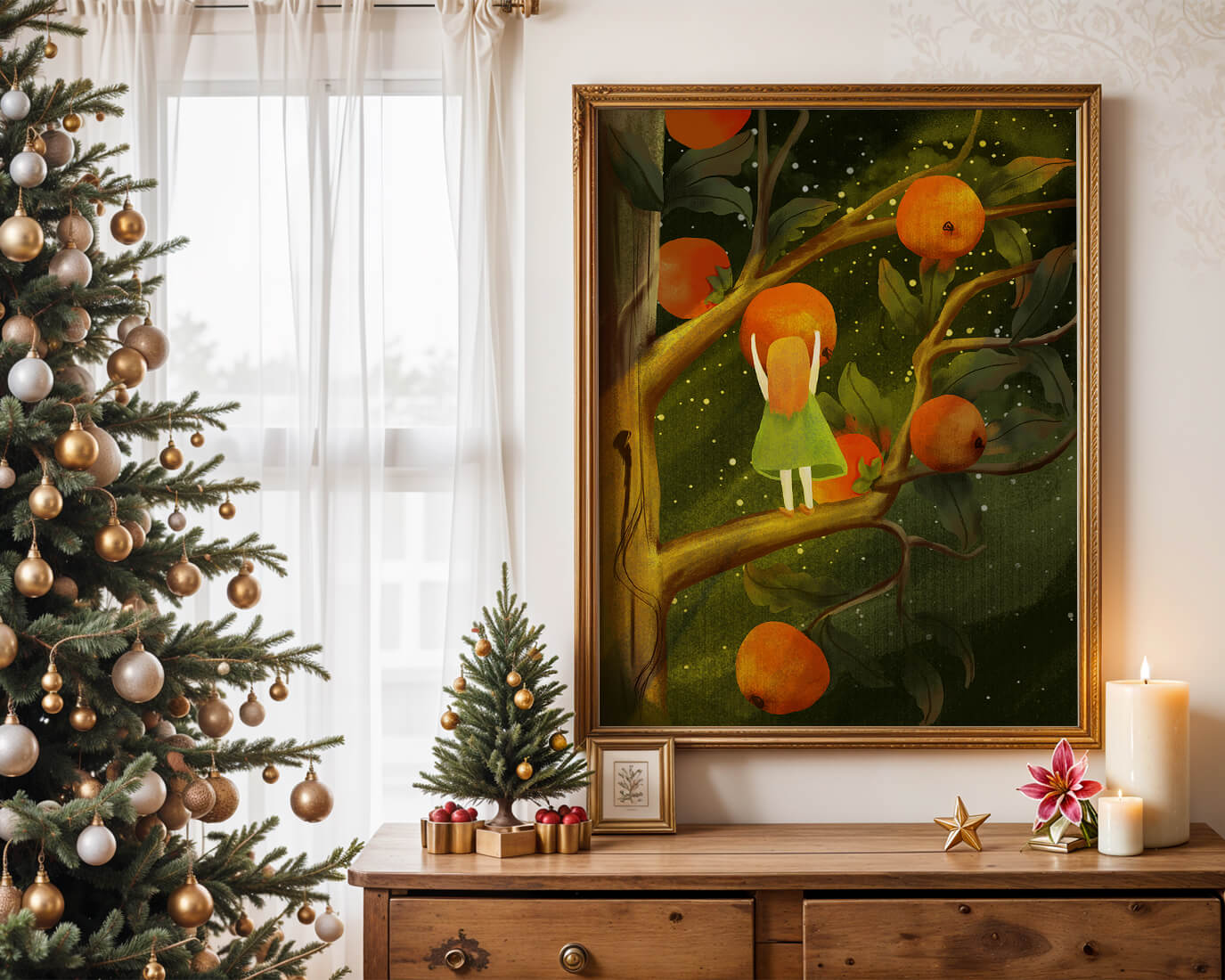 Little Girl Picking Oranges on a Starry Night