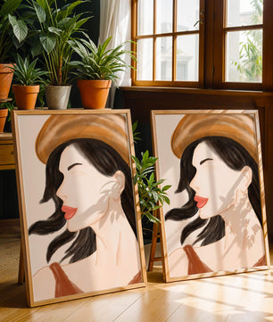 Stylized portrait of a woman in a hat with flowing hair