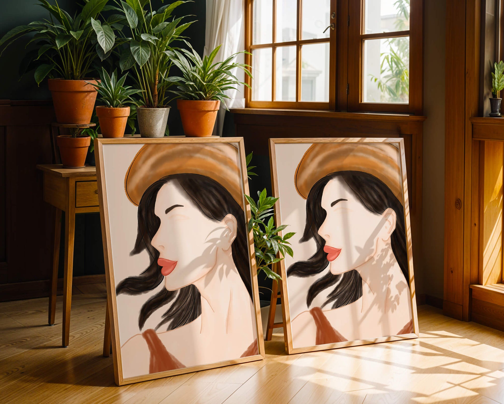 Stylized portrait of a woman in a hat with flowing hair