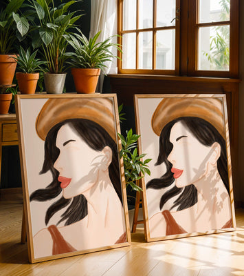Stylized portrait of a woman in a hat with flowing hair