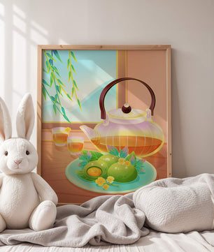 Tea set with green treats and bamboo leaves in serene setting