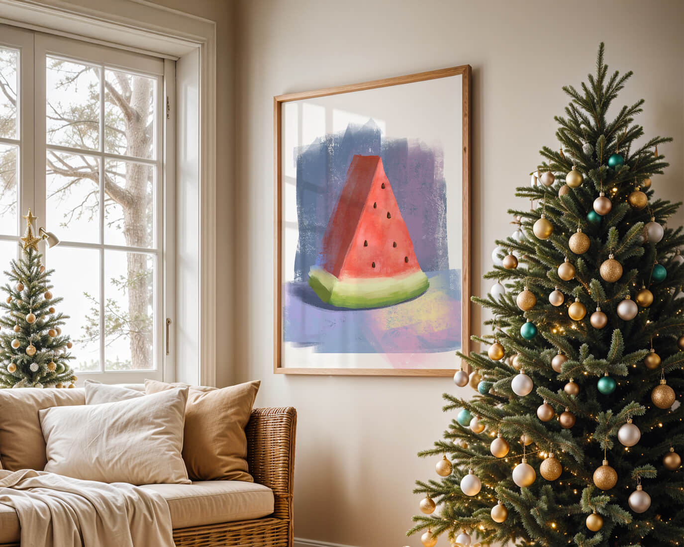 Watercolor illustration of a watermelon slice with abstract background
