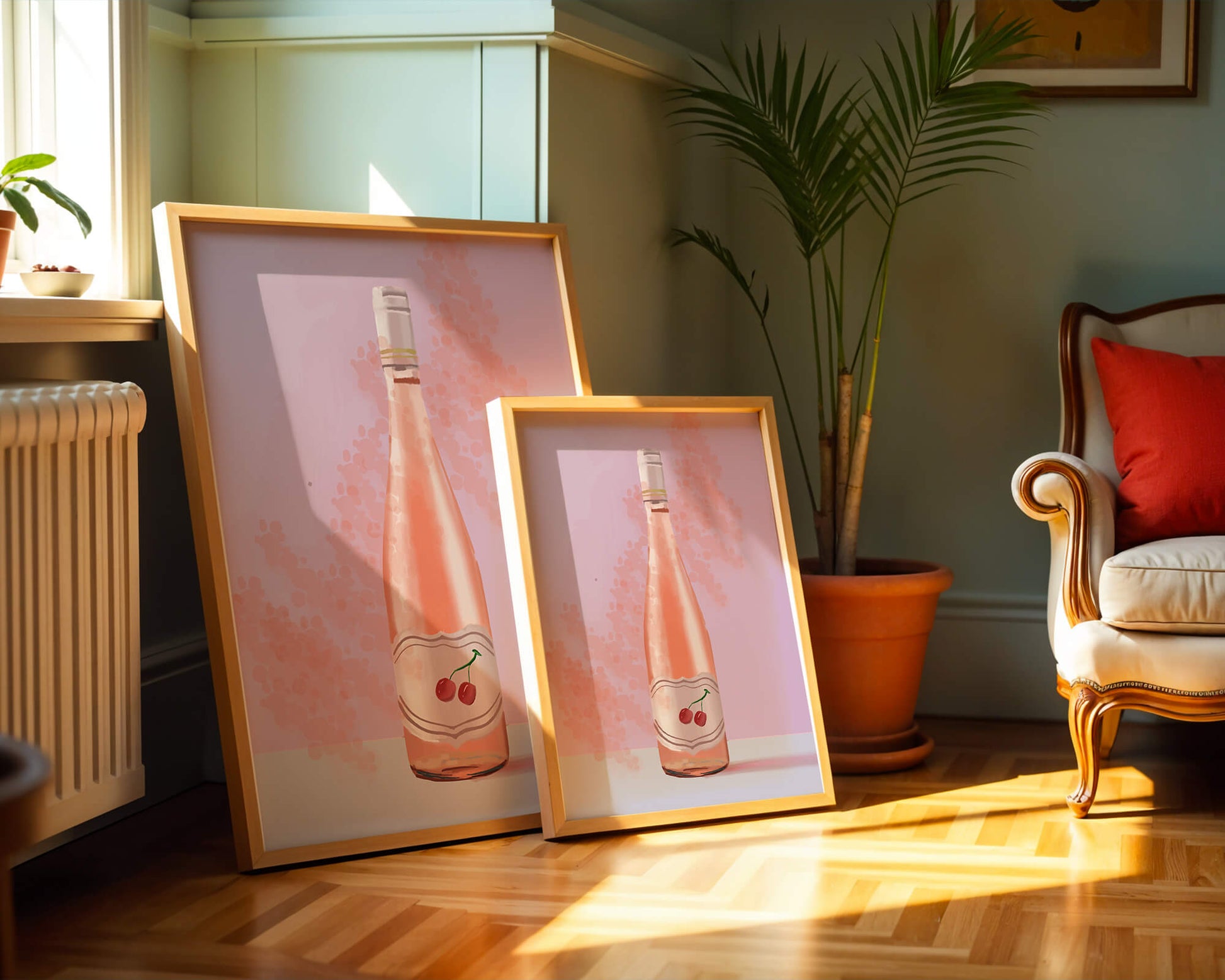 Illustrated wine bottle with a cherry label on pink background