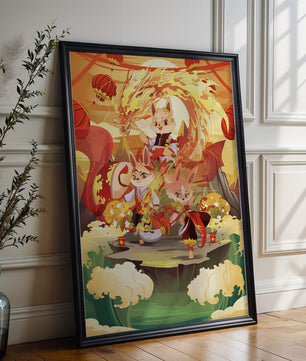 Fantastical scene with anthropomorphic animals and a dragon in a vibrant setting