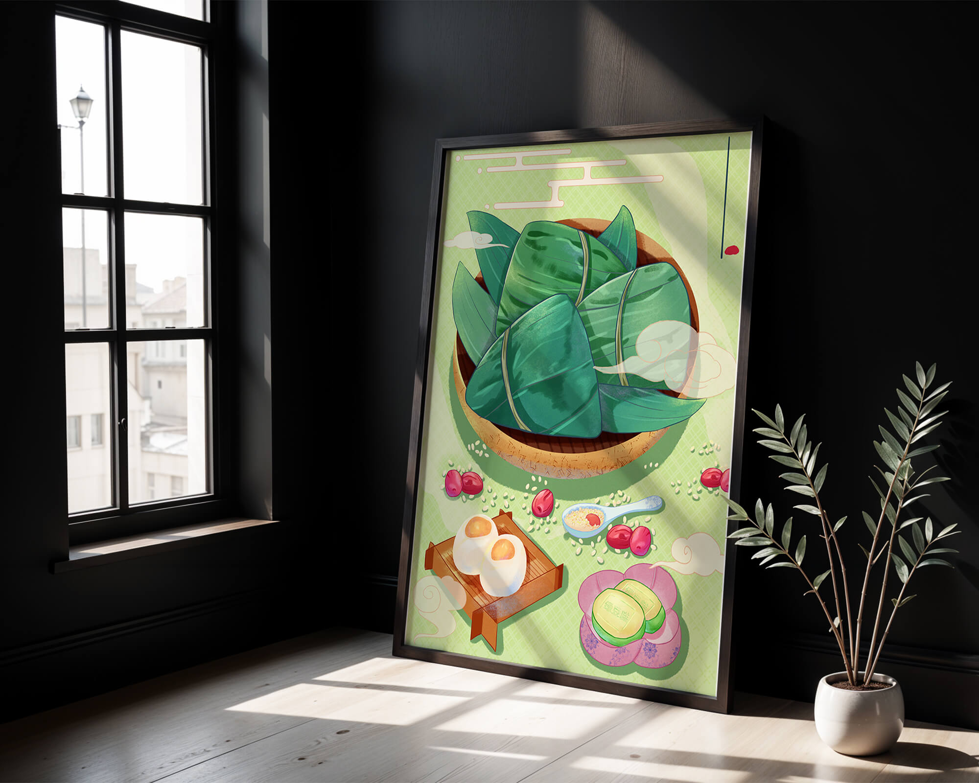 Traditional Asian food illustration with rice dumplings and mooncakes on a green background