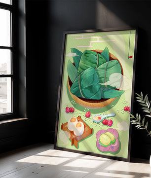 Traditional Asian food illustration with rice dumplings and mooncakes on a green background