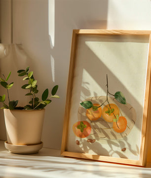 Still Life with Persimmons and Branch on a Neutral Background