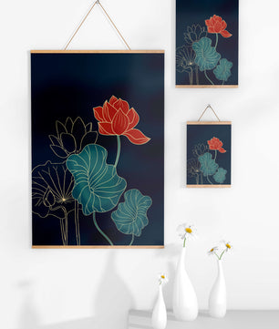 Elegant Floral Illustration with Vibrant Lotus and Gold Outlines on Dark Background