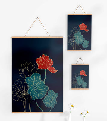 Elegant Floral Illustration with Vibrant Lotus and Gold Outlines on Dark Background