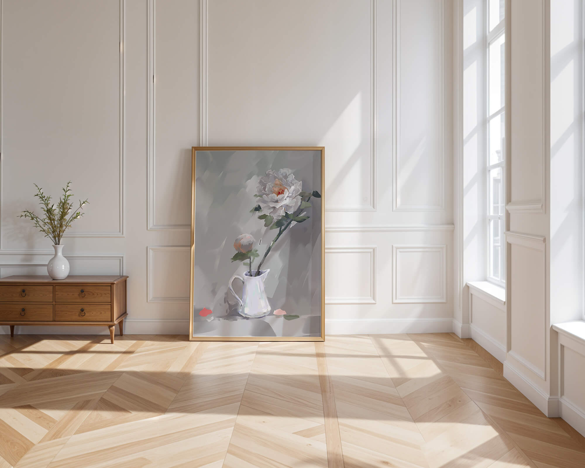 Elegant white peonies in a ceramic jug with soft pastel background