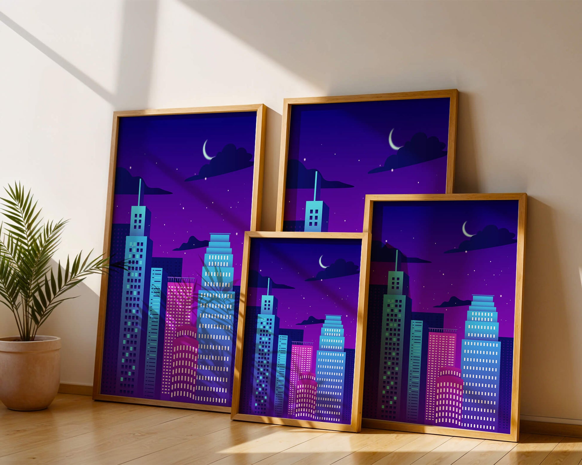 Vibrant city skyline at night with modern skyscrapers and starry sky