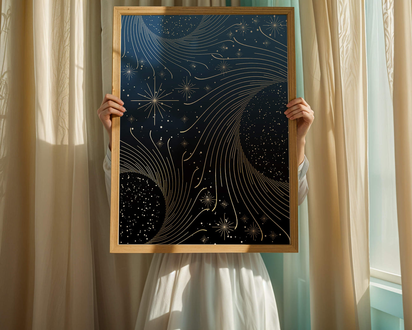 Elegant starry night with golden cosmic swirls