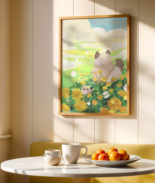 Whimsical Scene of Fluffy Cat and Kitten Among Yellow Flowers