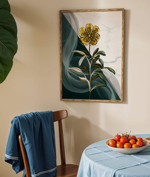 Abstract floral design featuring a golden flower with textured leaves