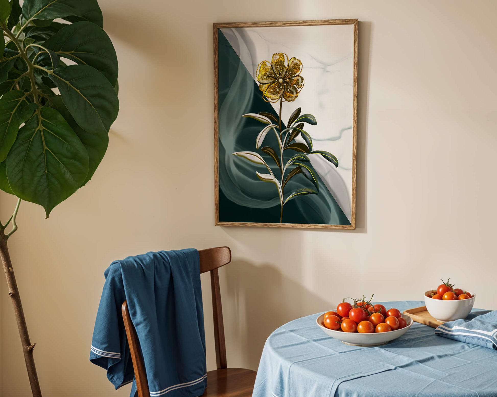 Abstract floral design featuring a golden flower with textured leaves
