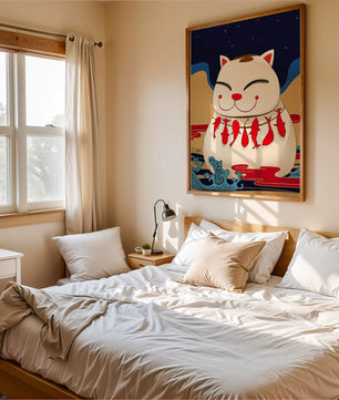 Japanese Lucky Cat with Fish Design in a Surreal Landscape