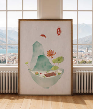 Paysage tranquille avec poissons, lotus et montagne dans un bol