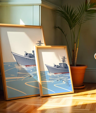 Illustrative depiction of a warship sailing on calm waters