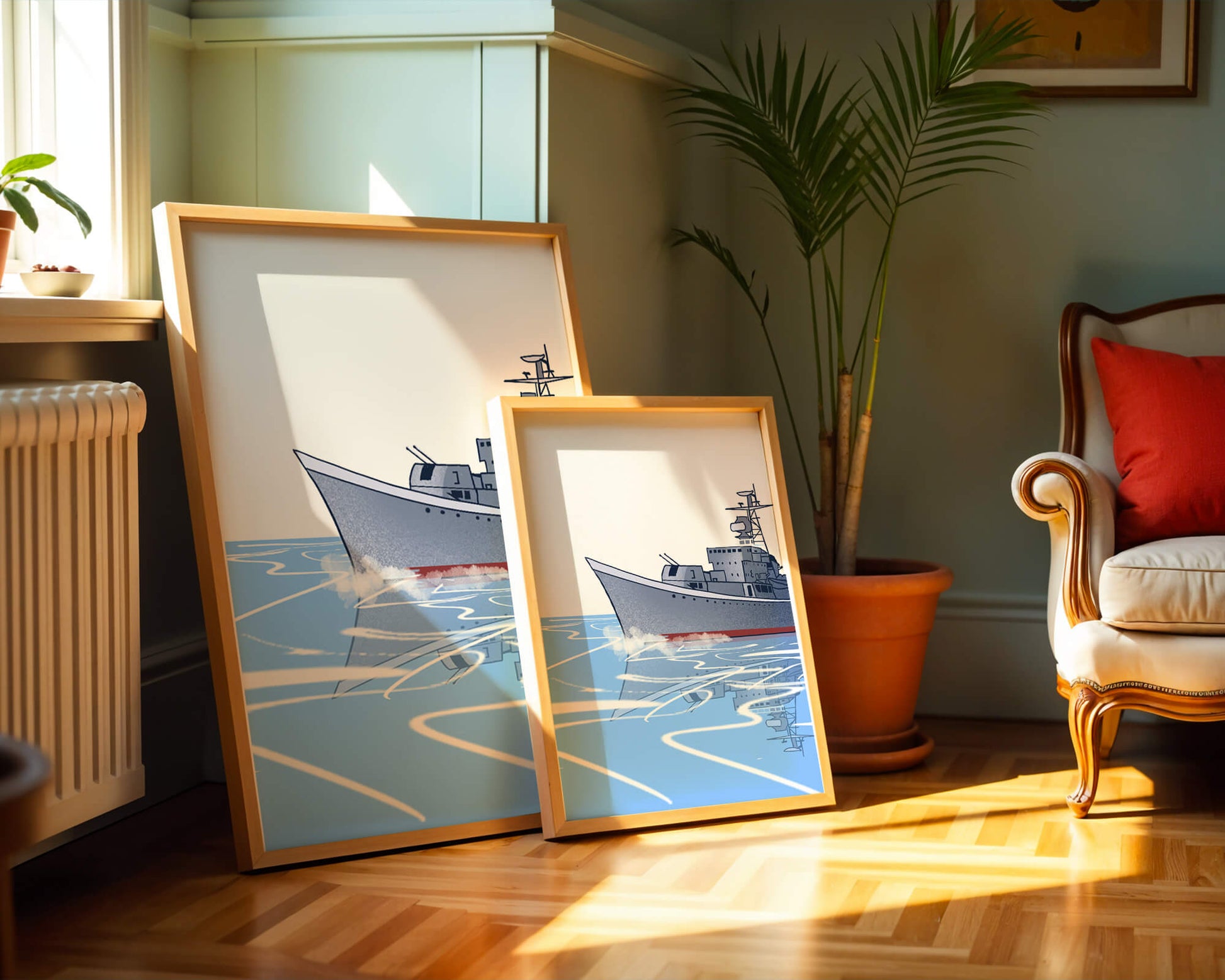 Illustrative depiction of a warship sailing on calm waters