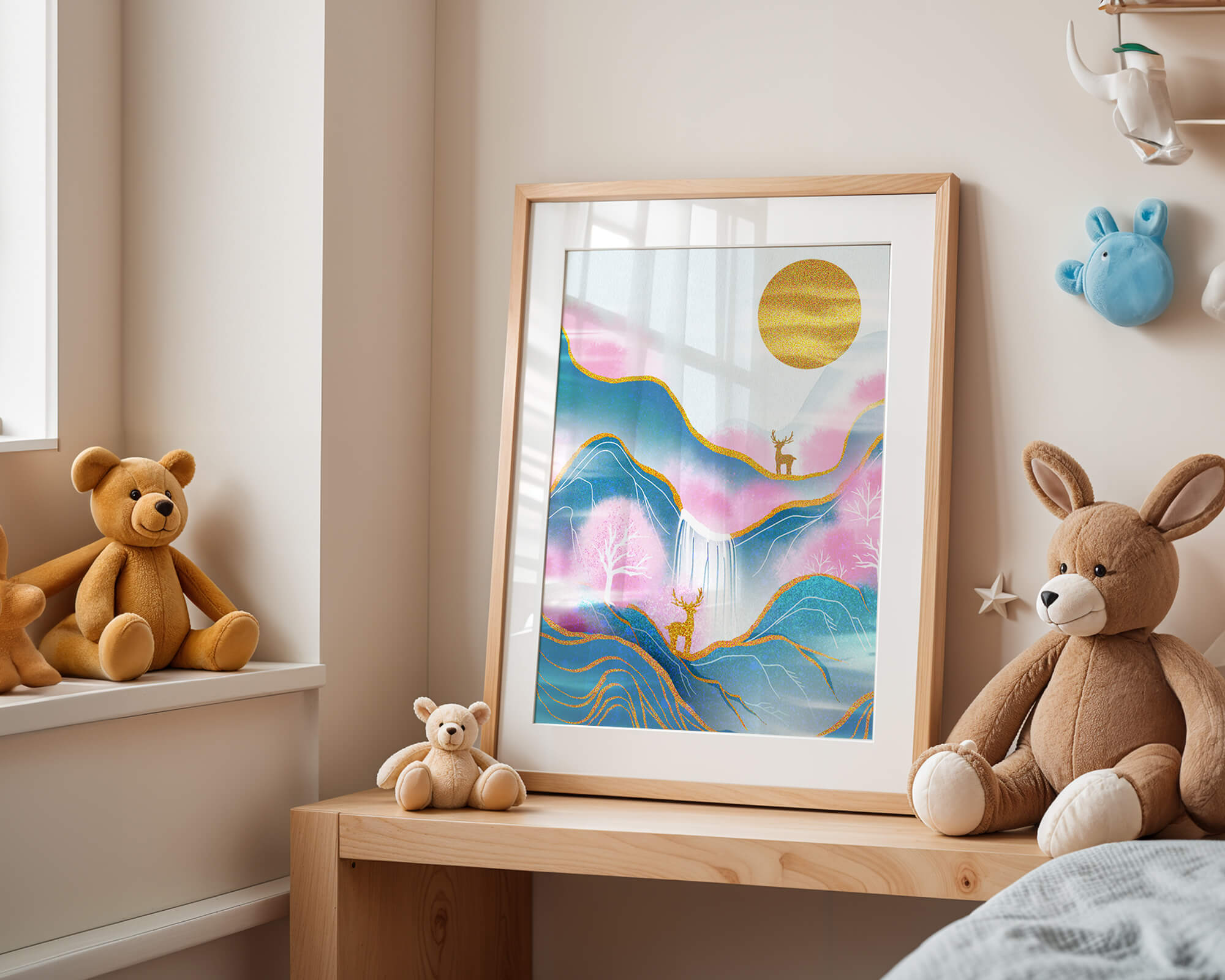Golden deer in a pastel mountain landscape with pink skies