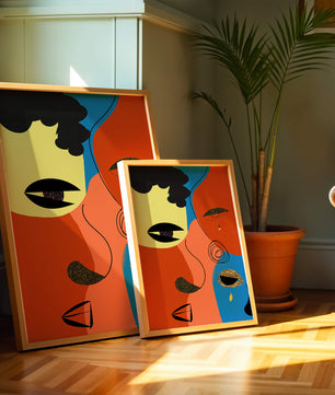 Abstract faces with vibrant colors and gold accents