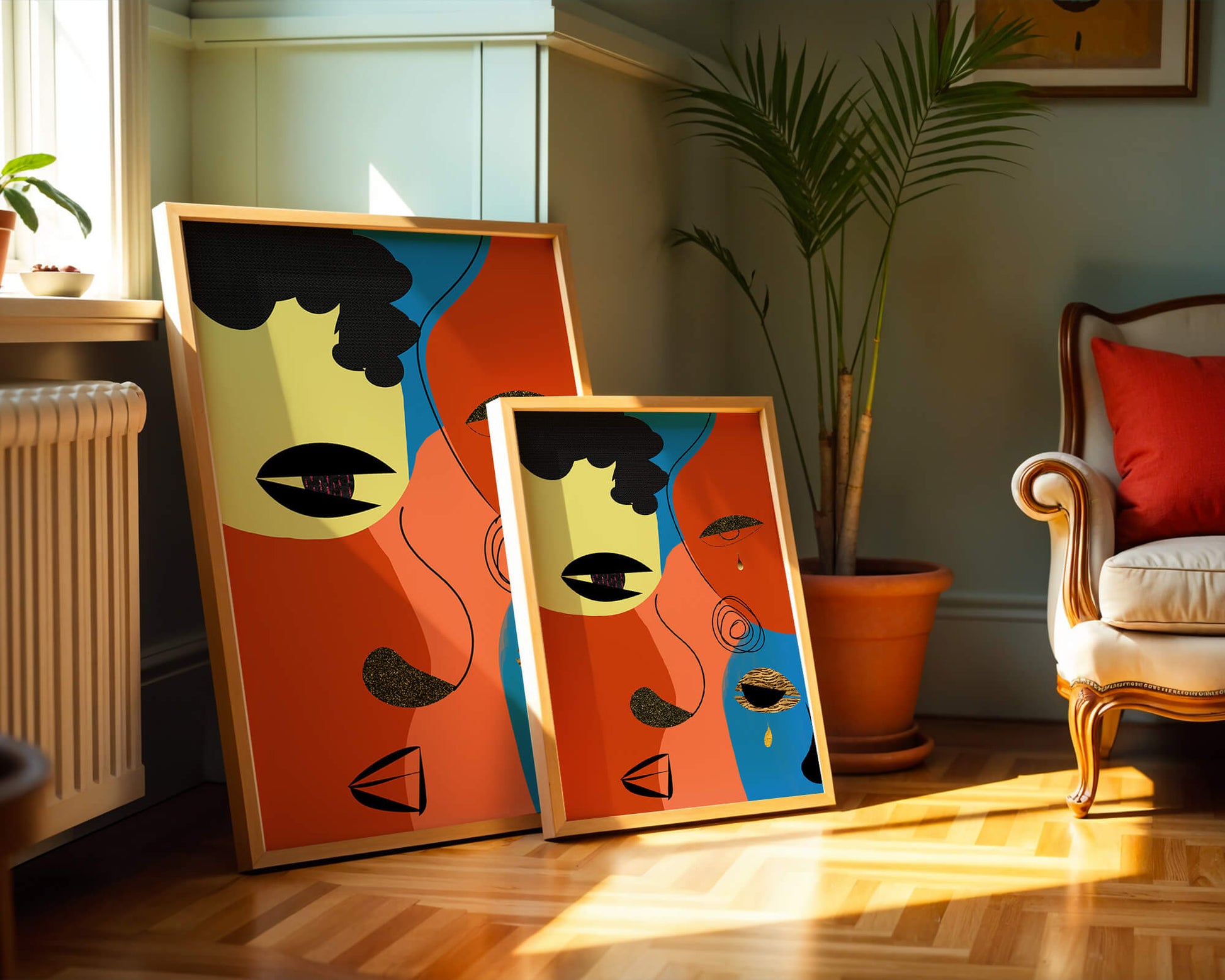 Abstract faces with vibrant colors and gold accents