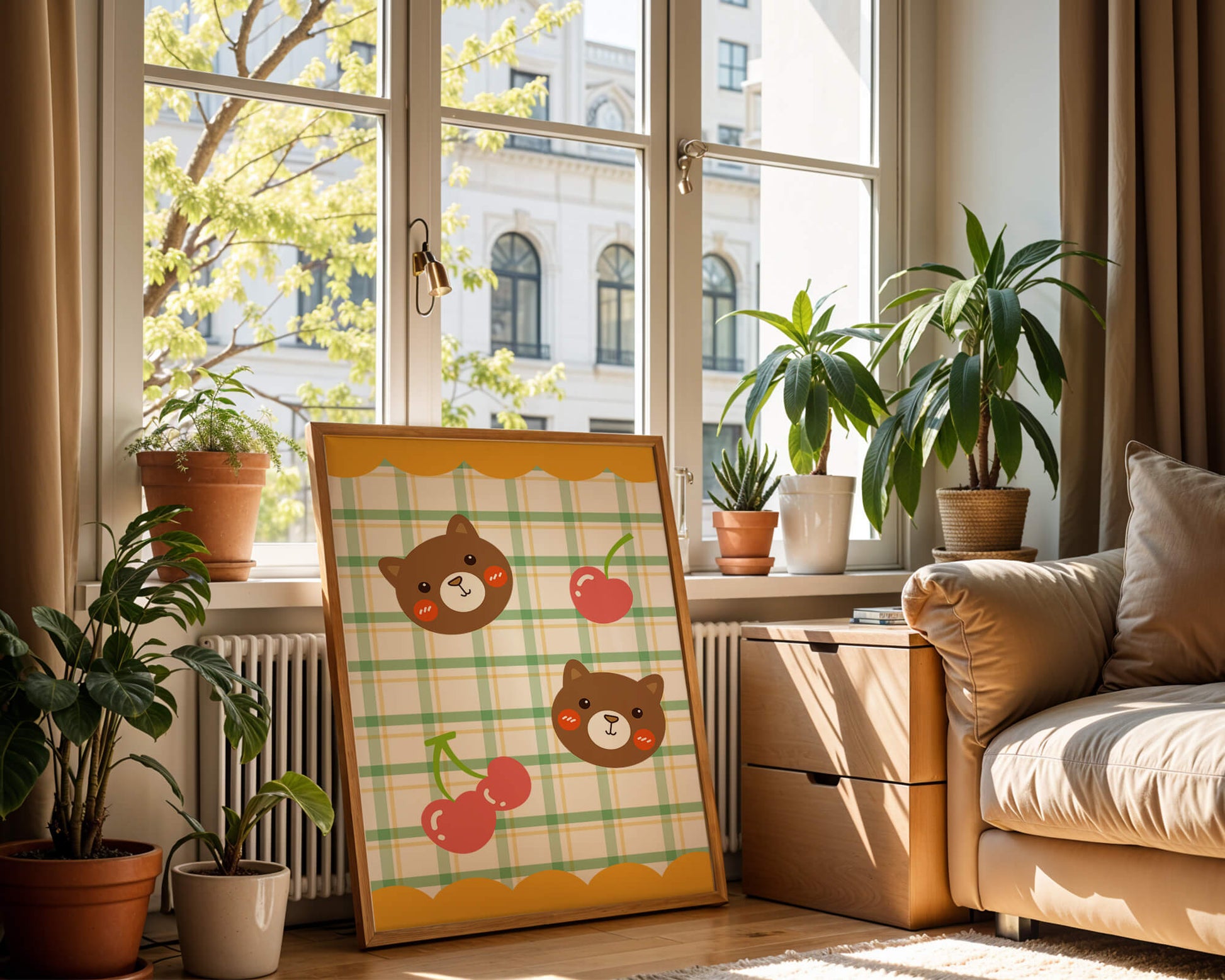 Playful bear and cherry pattern with plaid background