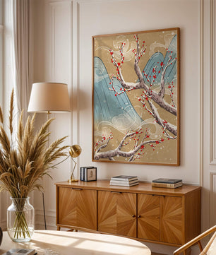 Traditional Japanese landscape with blooming cherry branches