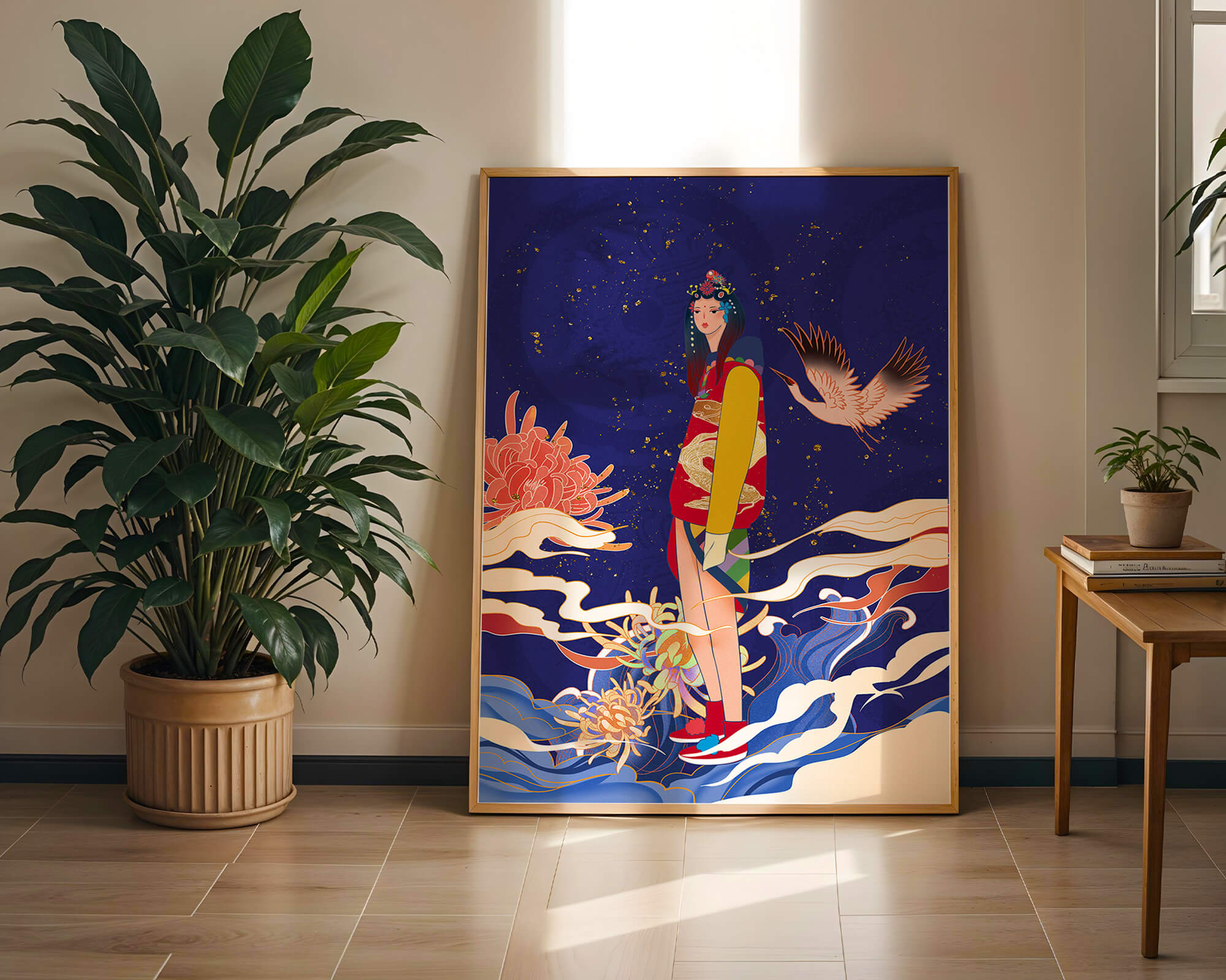 Elegant fusion of traditional and modern art with floral and avian elements