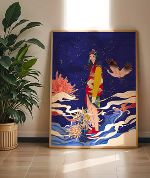 Fusion élégante d’art traditionnel et moderne avec des éléments floraux et aviaires