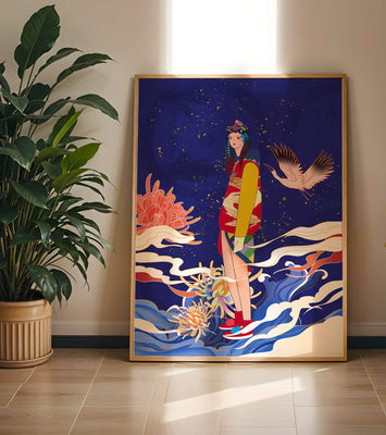 Elegant fusion of traditional and modern art with floral and avian elements