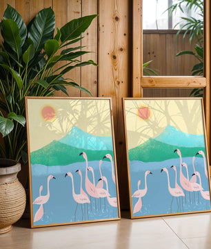 Friedliche Szene mit Flamingos in einer ruhigen Landschaft mit Bergen und Sonnenuntergang