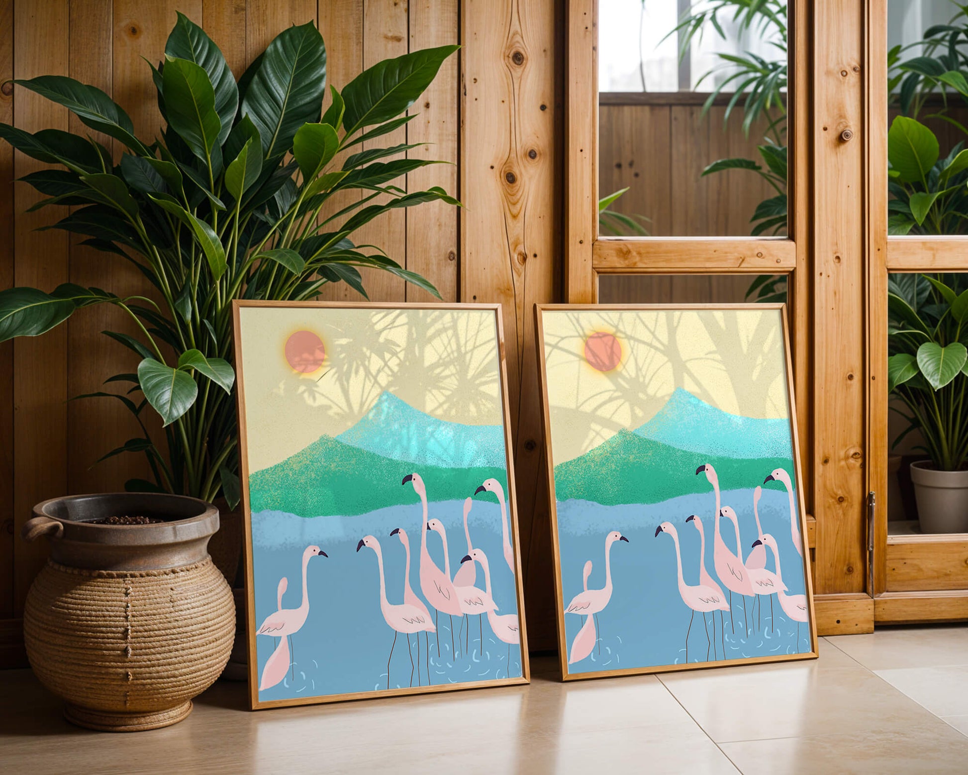 Friedliche Szene mit Flamingos in einer ruhigen Landschaft mit Bergen und Sonnenuntergang