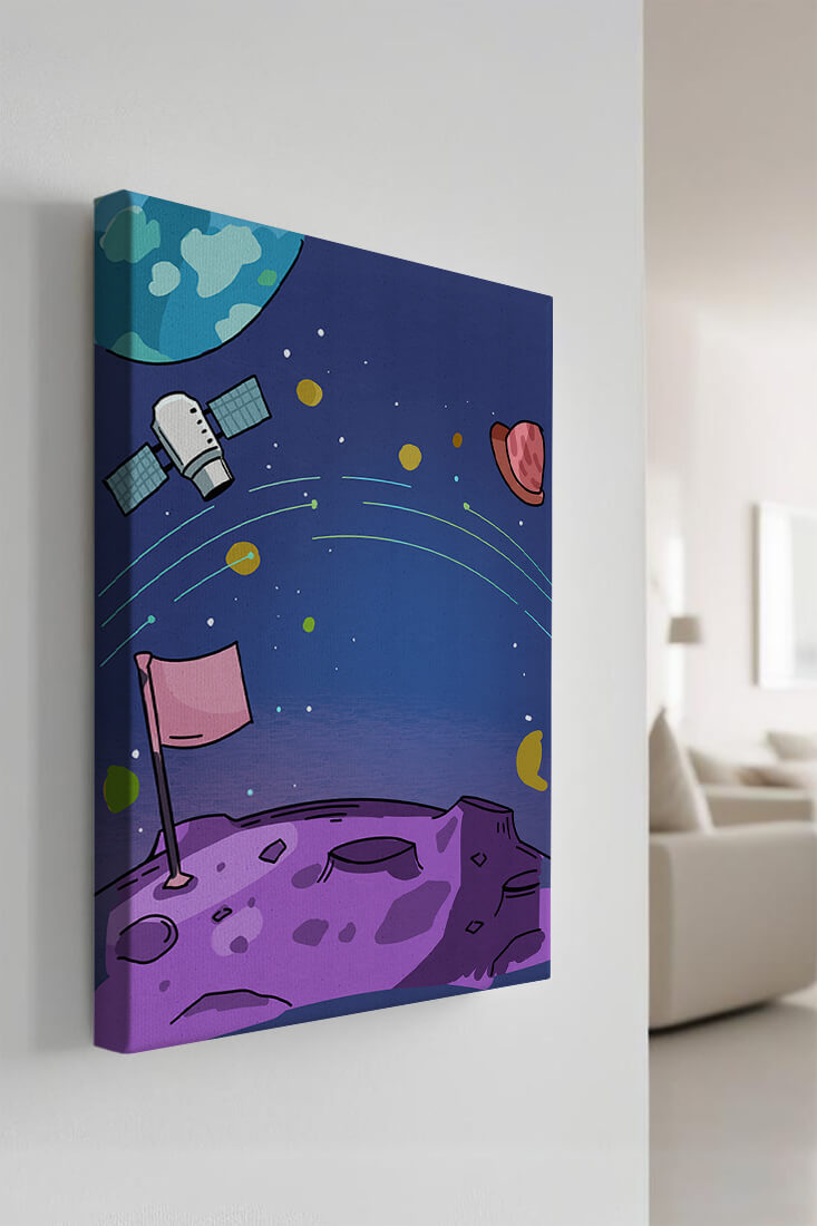 Illustration of outer space scene with planets and satellite