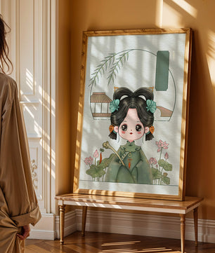 Charming illustration of a cute character in traditional Asian attire with floral elements