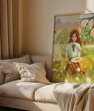 Ilustración de una chica pintando al aire libre rodeada de mariposas y flores