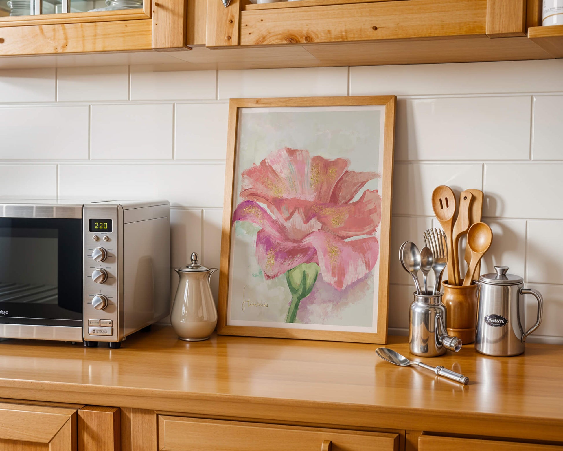 Beautiful pink flower painting with golden accents