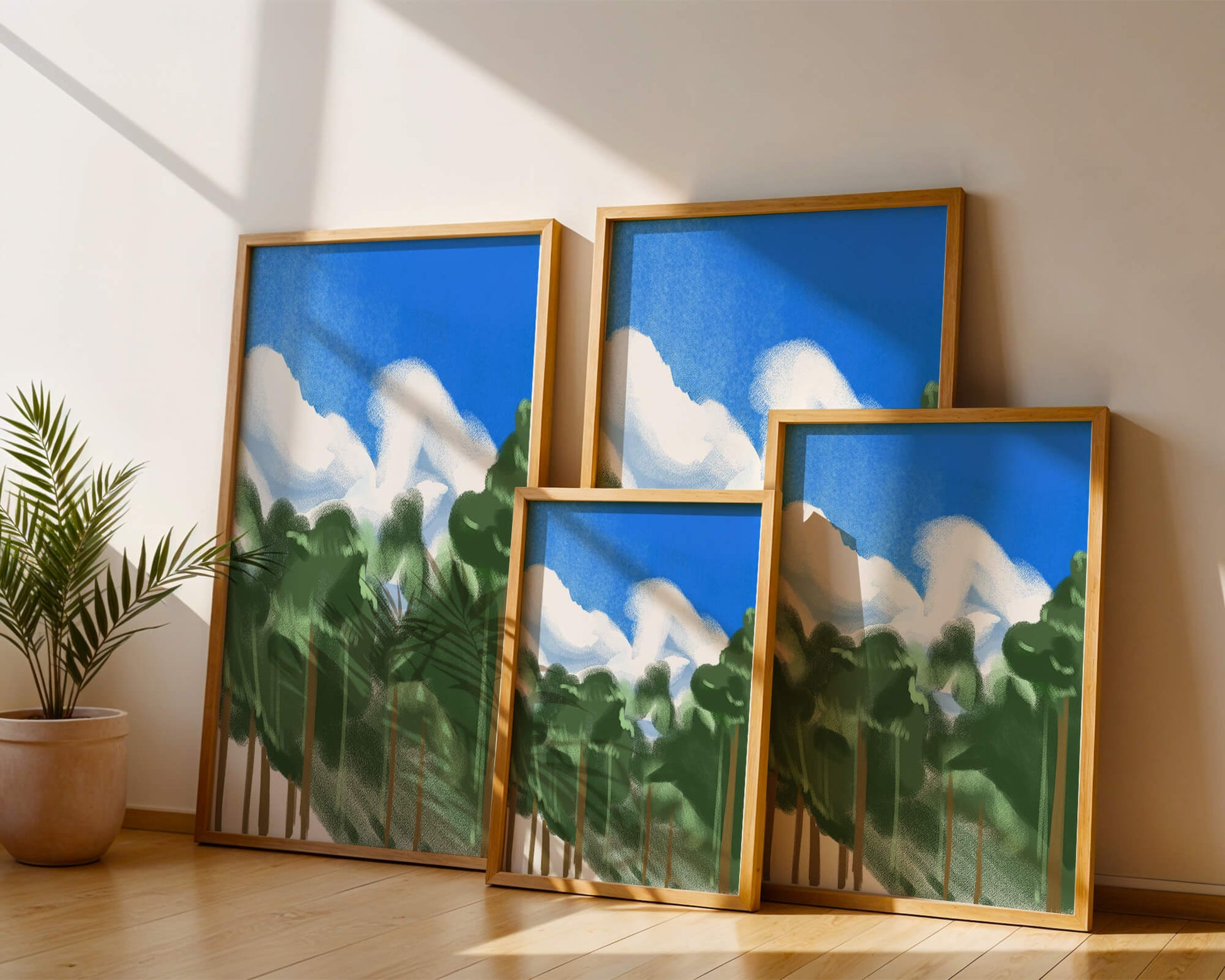 Malerische Waldlandschaft mit blauem Himmel und flauschigen Wolken