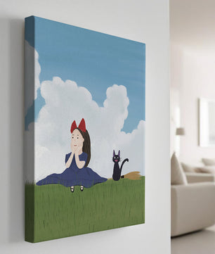 Niña con lazo rojo y gato en un prado verde exuberante