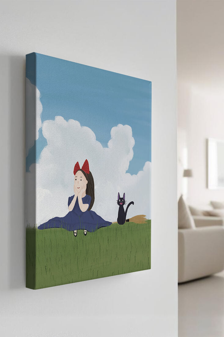 Girl with Red Bow and Cat in Lush Green Meadow