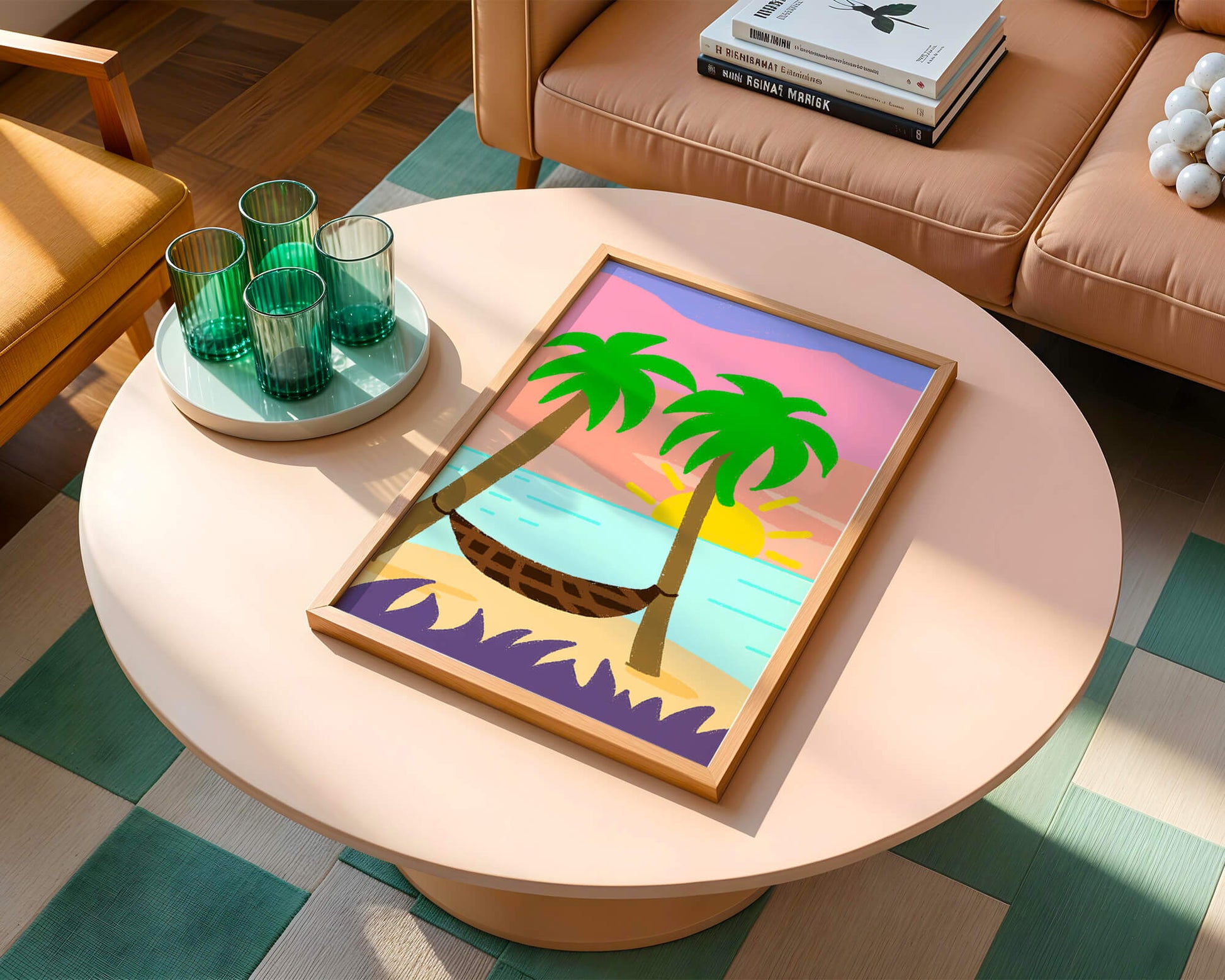 Tranquil beach scene with hammock and sunset