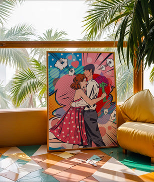 Pareja abrazándose en estilo pop art con un fondo colorido