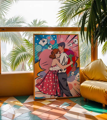 Pop Art Couple Embracing with a Colorful Background