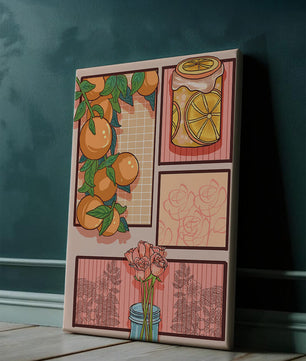 Composición artística con naranjas, frasco de rodajas de limón y rosas sobre fondo geométrico
