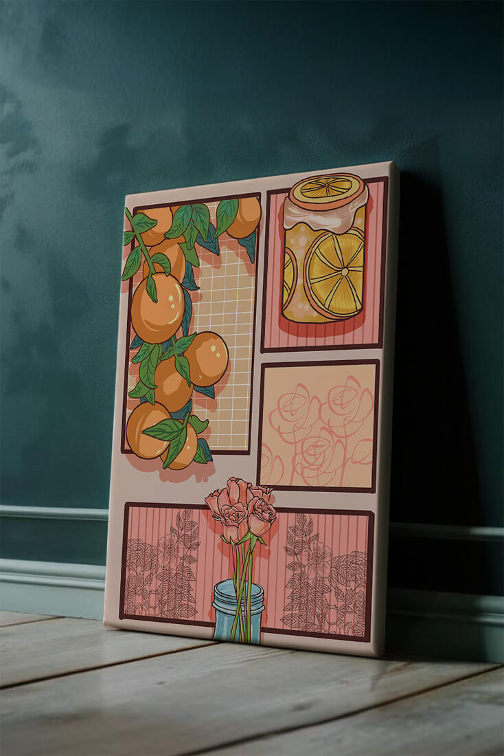 Composición artística con naranjas, frasco de rodajas de limón y rosas sobre fondo geométrico