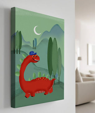 Whimsical red dinosaur in a serene nighttime forest