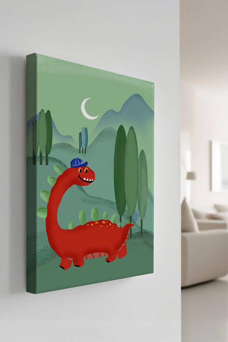 Whimsical red dinosaur in a serene nighttime forest