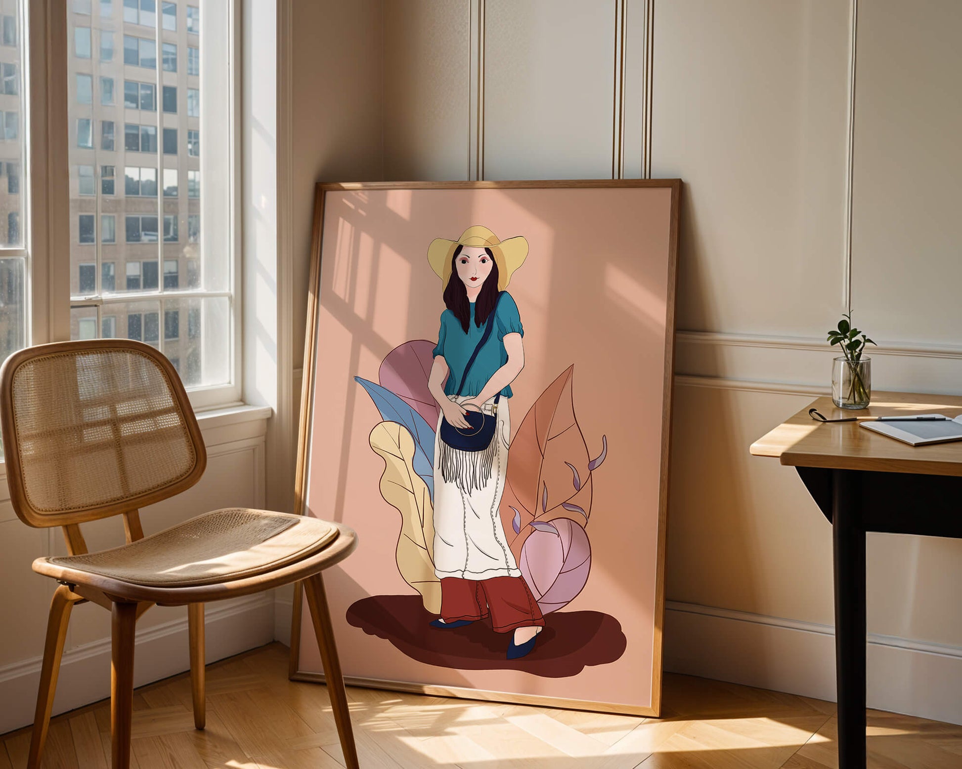 Stylish woman in summer attire with botanical background illustration